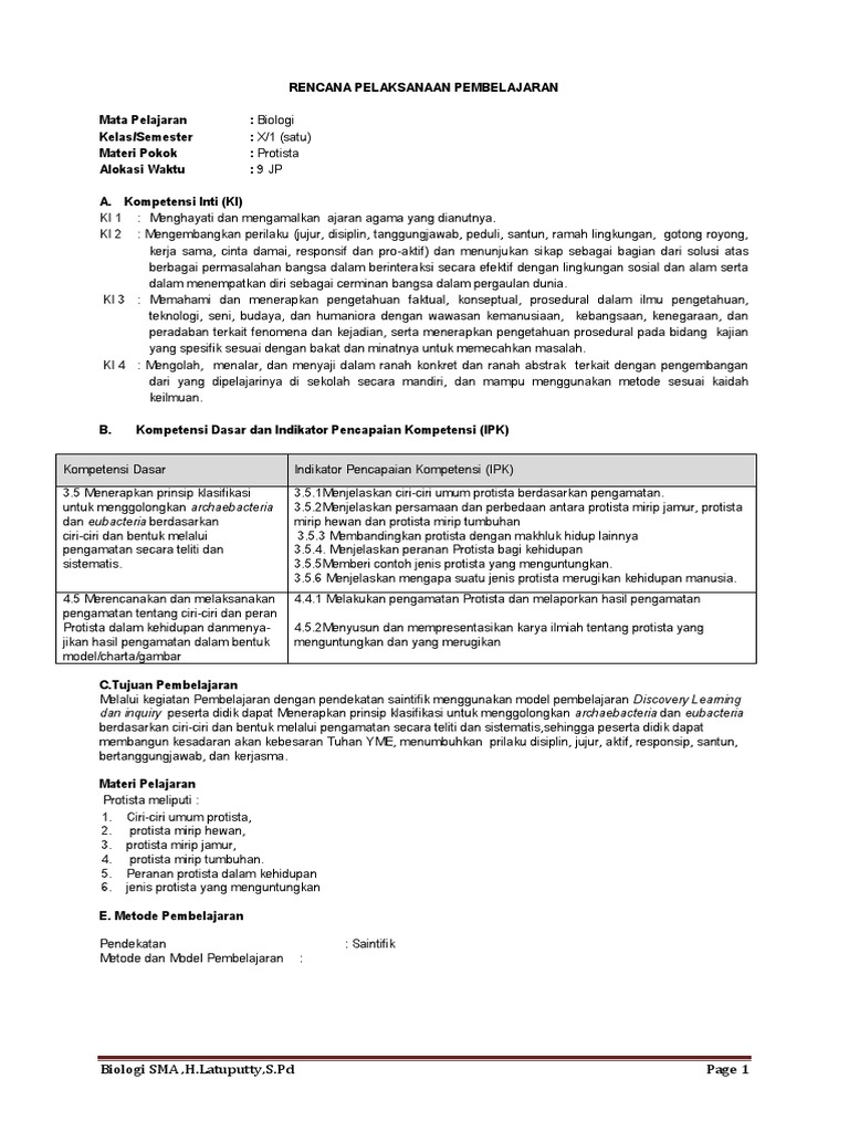 Rpp Protista Mapel Bio Docx