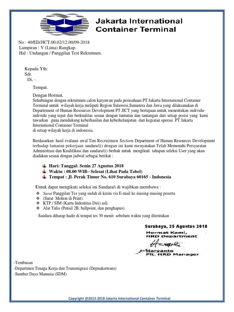 Surat Undangan Rekrutmen Tes Seleksi Karyawan PT - Jakarta ...