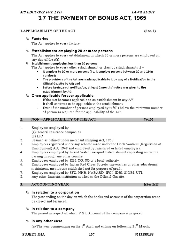Payment of Bonus Act 1965 Summary PDF Salary Tax Refund