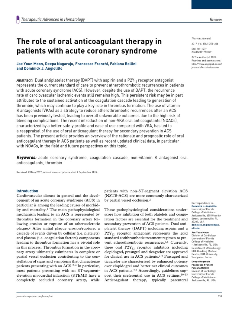 The Role of Oral Anticoagulant Therapy in Patients With Acute Coronary ...