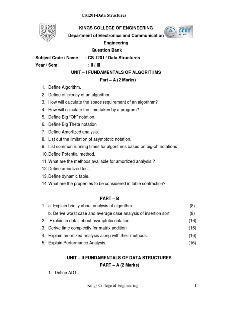 Data Structures Question Bank from Kings College of Engineering ...