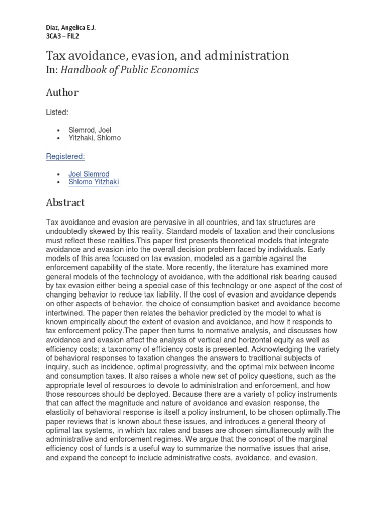 Tax Avoidance, Evasion, and Administration In Handbook of Public