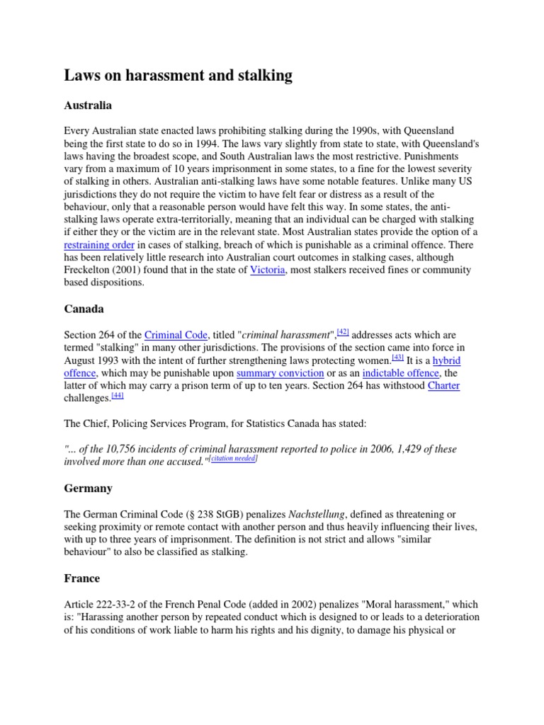 Laws On Harassment and Stalking PDF Stalking Common Law