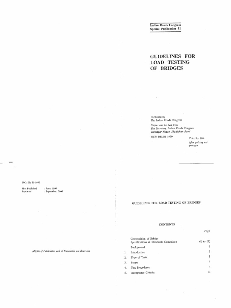 IRC SP 51 Load Testing of Bridges PDF | PDF | Bending | Bridge