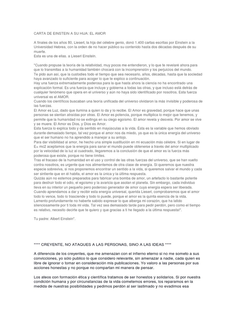 Carta de Einstein A Su Hija PDF Albert Einstein Amor