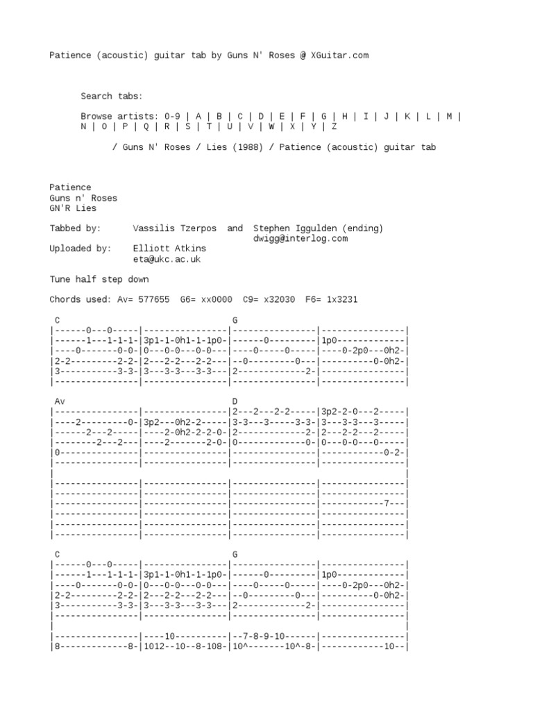 Patience (Acoustic) Guitar Tab by Guns N' Roses @ XGuitar_com | Musical Compositions | Musicology