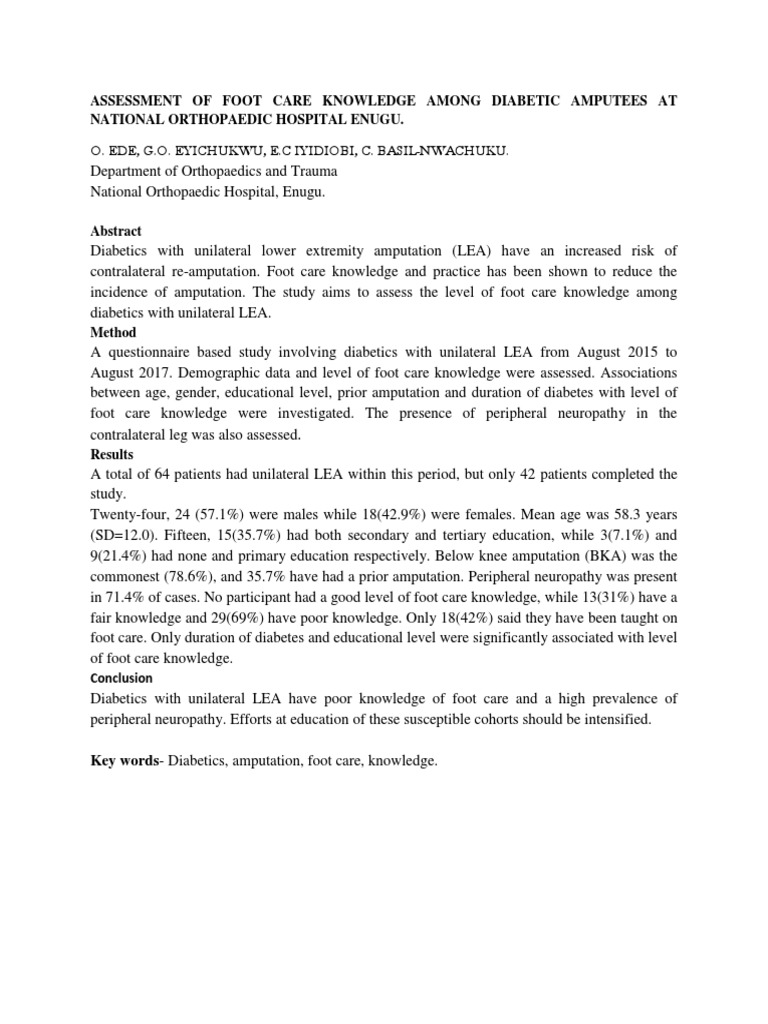 Assessment of Foot Care Knowledge Among Diabetic Amputees at National ...