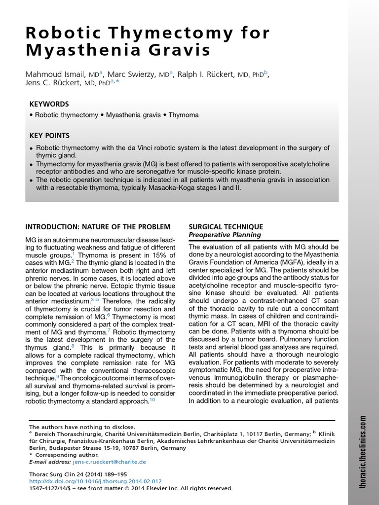 Robotic Thymectomy For Myasthenia Gravis | PDF | Thymus | Clinical Medicine