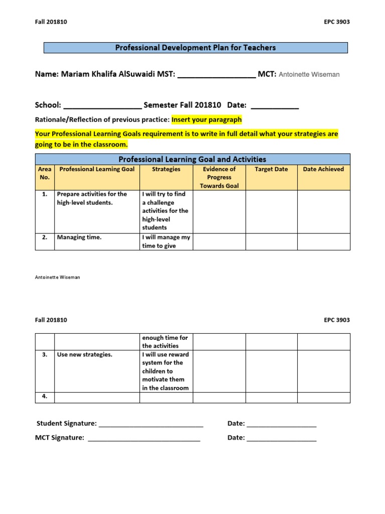 sample professional development plan for special education teachers