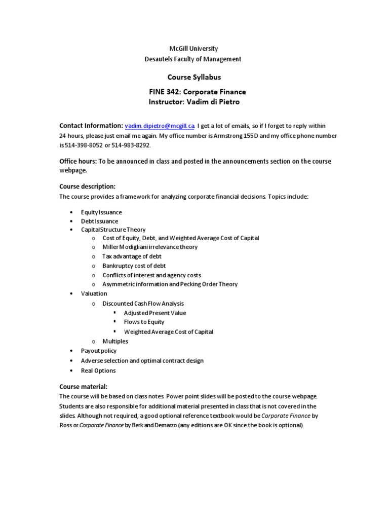 FINE 342: Corporate Finance Syllabus | PDF | Cost Of Capital | Corporations