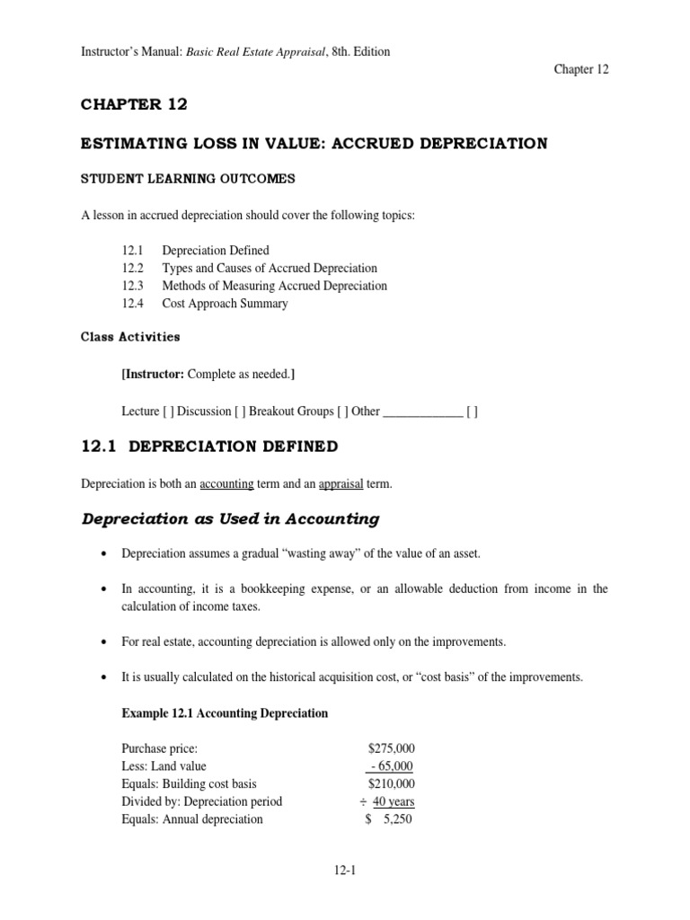 Basic Real Estate Appraisal Lecture Outline For Chapter 12 PDF Real