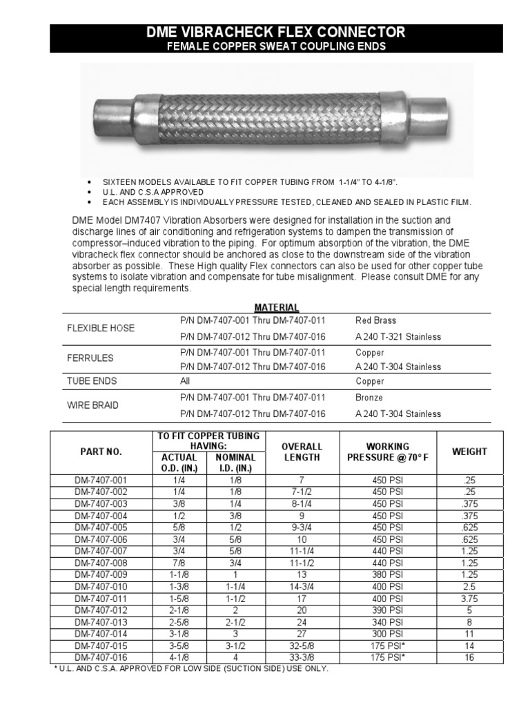 Specifications and Applications for DME Vibracheck Flex Connectors with