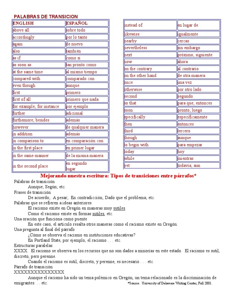 PALABRAS DE TRANSICION