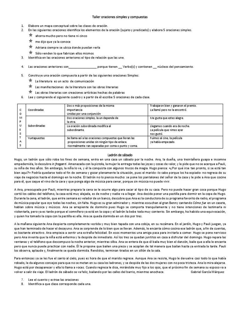 Taller de Oraciones Simples y Compuestas | PDF | Oración (Lingüística ...