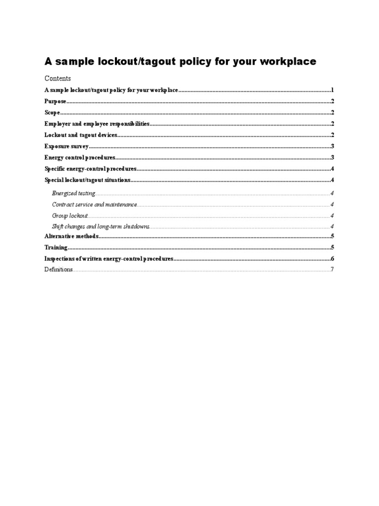 A Sample Lockout/tagout Policy For Your Workplace PDF Engineering