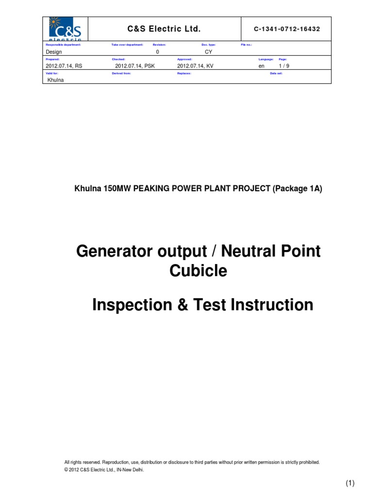 Generator Output / Neutral Point Cubicle Inspection & Test Instruction ...