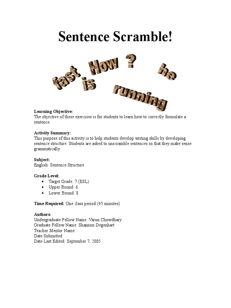 Sentence Scramble PDF Pitcher Sentence (Linguistics)