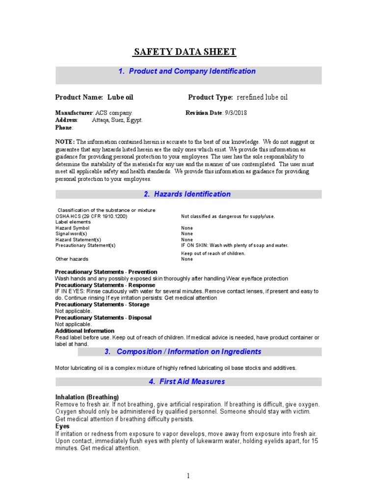 MSDS Lube Oil PDF Personal Protective Equipment Water
