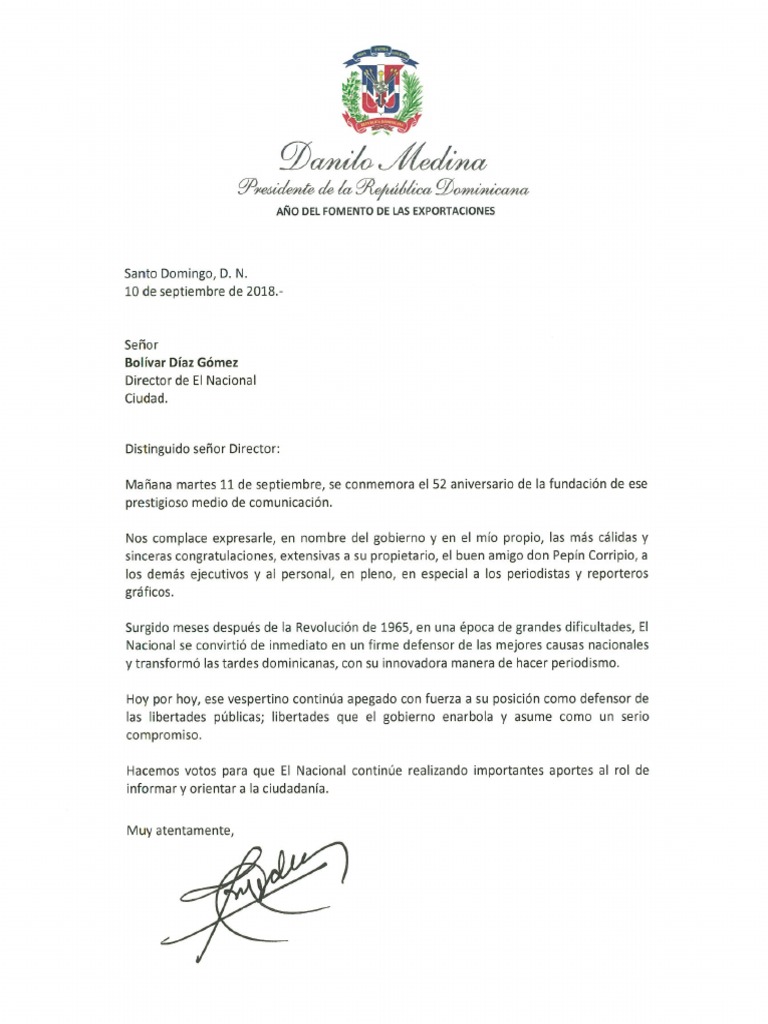 Carta de felicitación del presidente Danilo Medina por 52 aniversario
