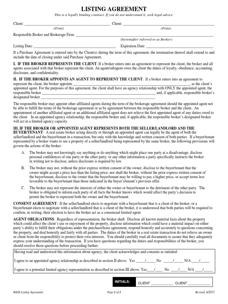 Listing Agreement This Is A Legally Binding Contract. If You Do Not Understand It, Seek Legal