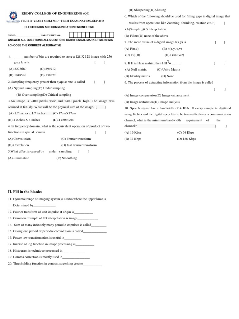 Digital Image Processing Exam | PDF | Sampling (Signal Processing ...