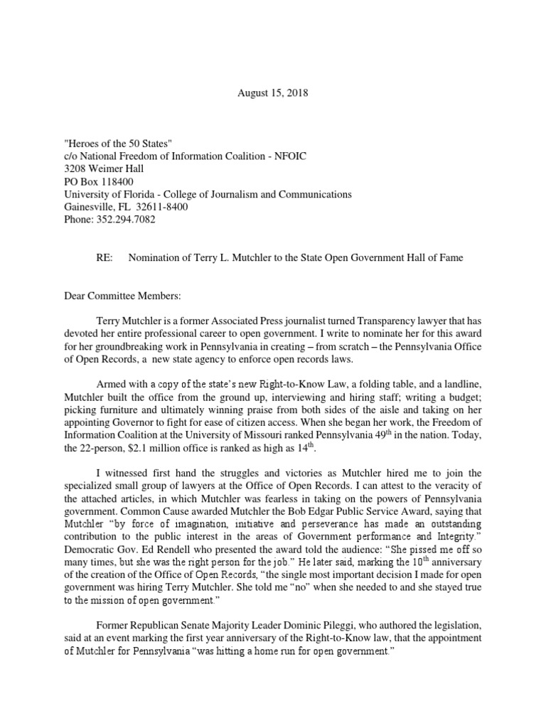 Hall of Fame Nomination Letter For Terry Mutchler | PDF | Freedom Of