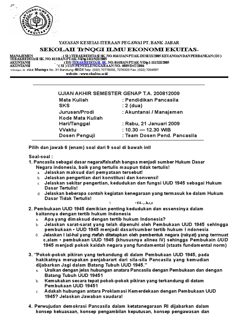 Soal Ujian Ekuitas Pendidikan Pancasila