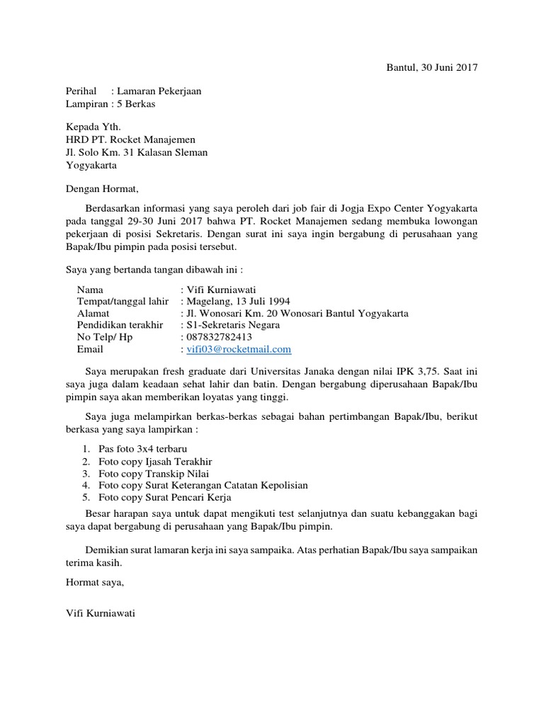 Contoh Surat Lamaran Kerja Yang Menarik Pdf