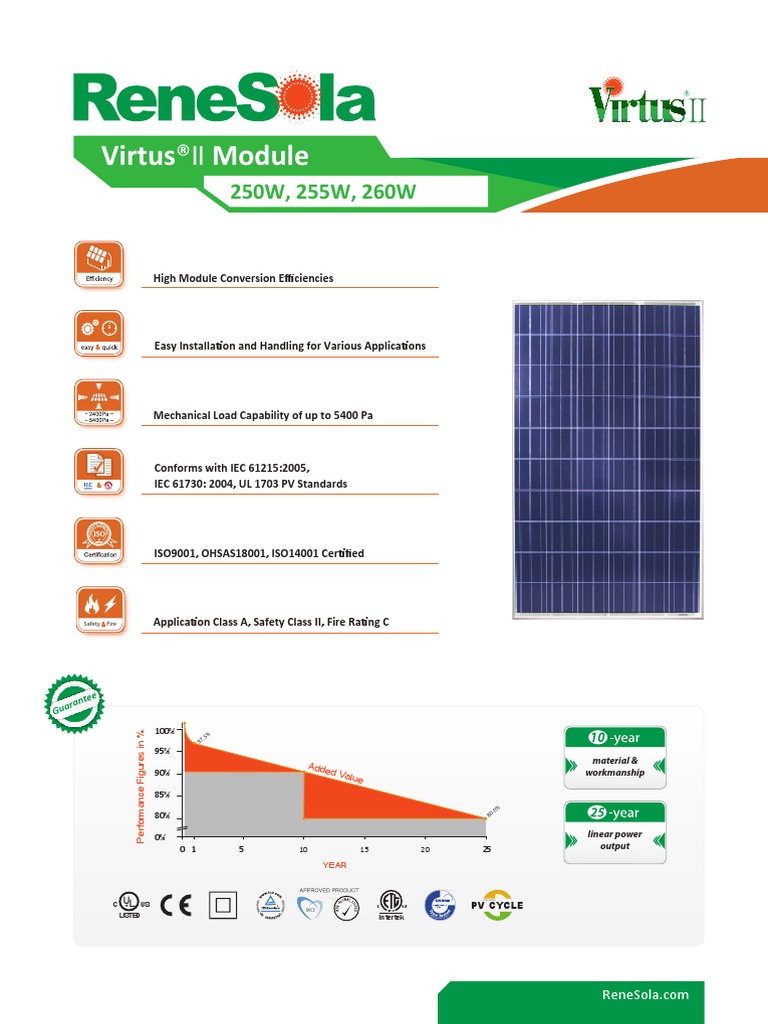 Renesola Virtus II 250 260w | PDF | Solar Panel | Physical Quantities