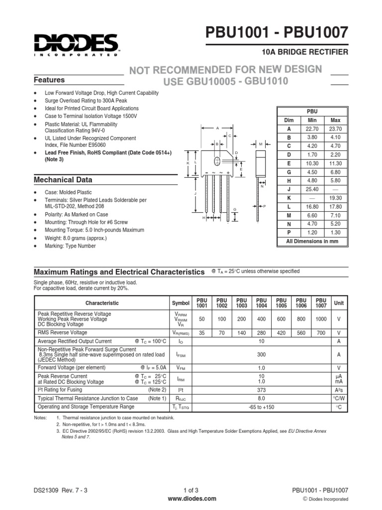 Specifications and performance data for PBU series bridge rectifiers