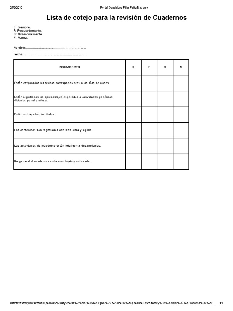 Lista de Cotejo para La Revision de Cuadernos | PDF