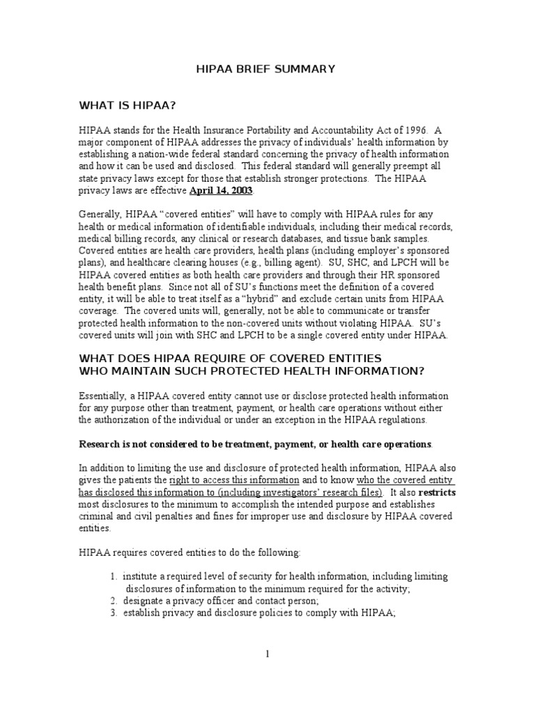 Hipaa Brief Summary Health Insurance Portability And Accountability
