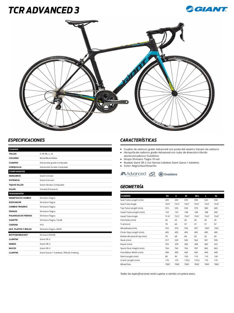 Especificaciones Giant TCR Advanced 3 | PDF | Transporte impulsado