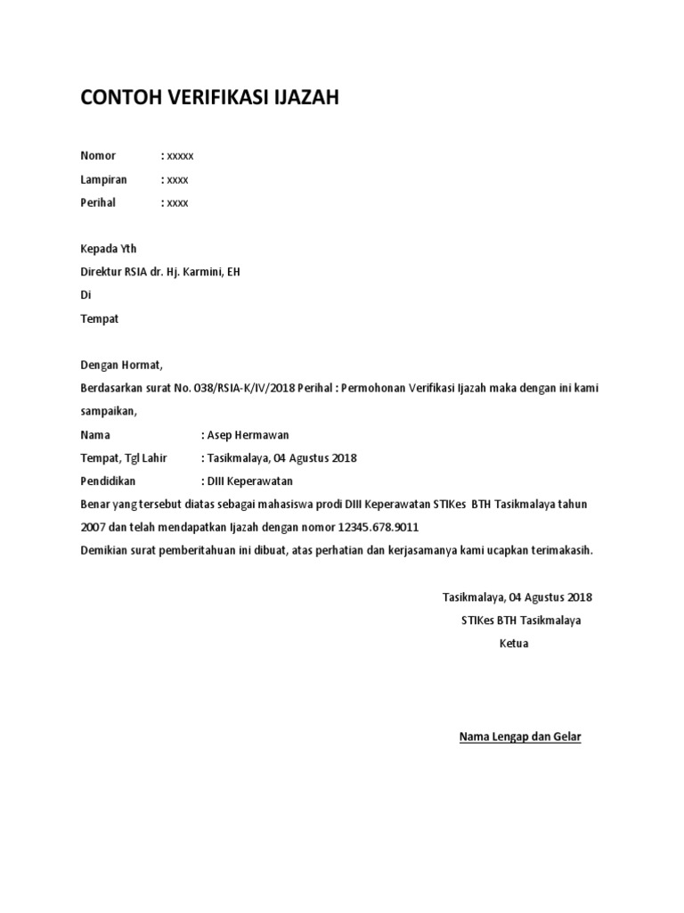 Contoh Surat Verifikasi Ijazah