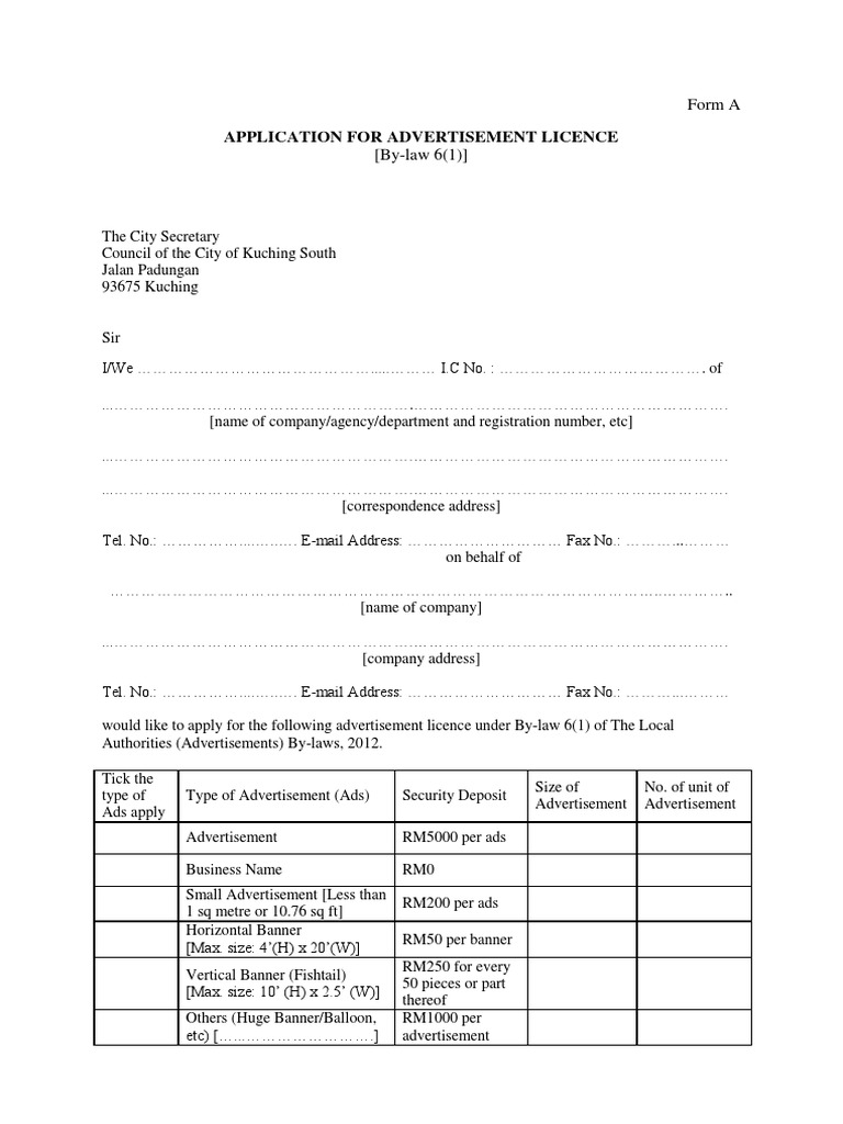 Application For Advertisement Licence | PDF | Advertising | Government