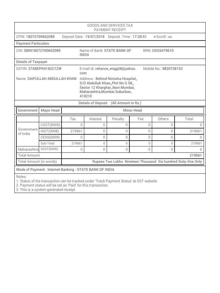 GST Payment Receipt for Taxpayer | PDF