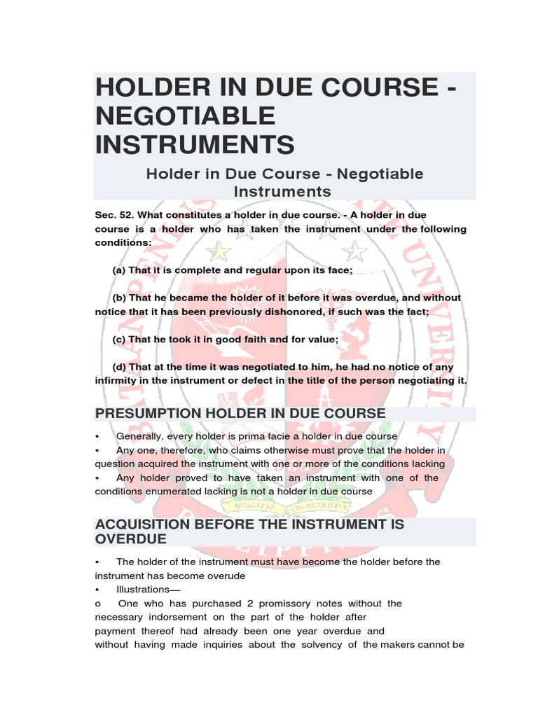 Holder in Due Course Negotiable Instruments PDF Negotiable