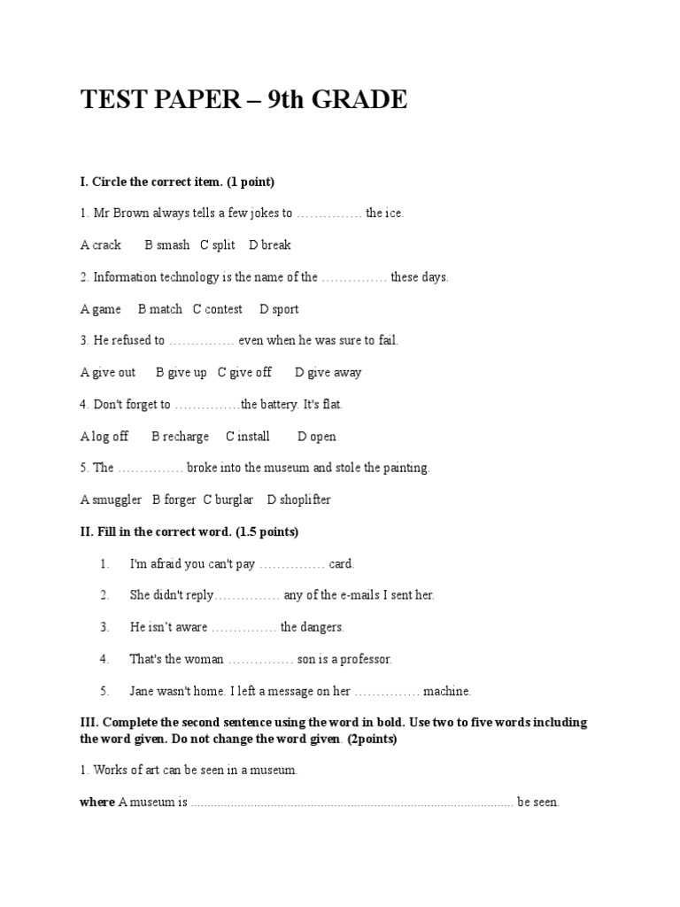 9th Grade English Test Paper 2025 | PDF | Computing And Information ...