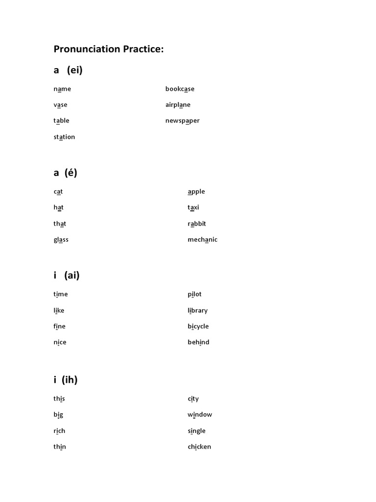 Pronunciation Practice A (Ei) Name Bookcase Vase Airplane Newspaper
