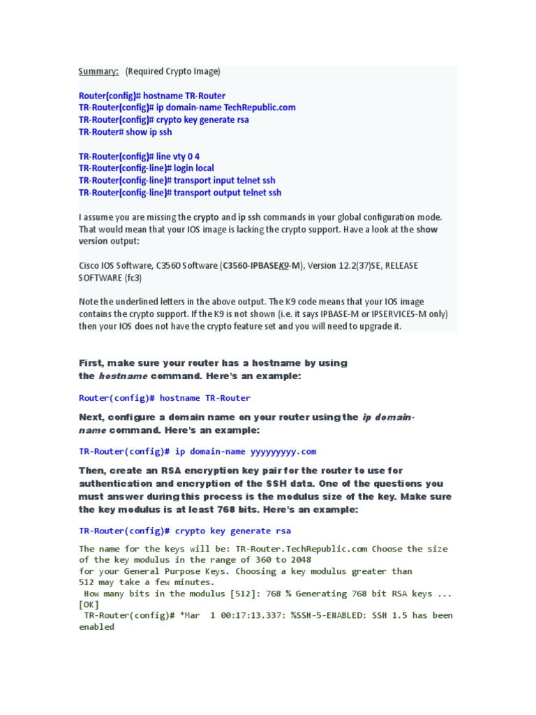 Cisco Router SSH Configuration Guide | PDF | Secure Shell | Internet  Standards