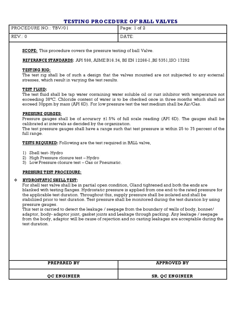 Testing Procedure of Ball Valve | PDF | Valve | Pressure Measurement