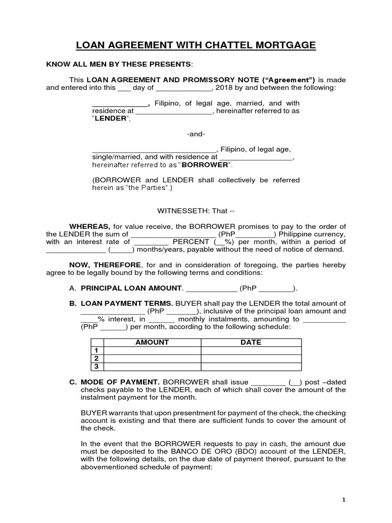 Loan Agreement W Chattel Mortgage PDF Loans Mortgage Loan