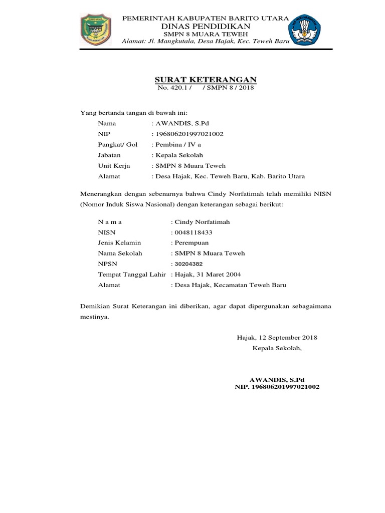 Contoh Surat Validasi Nisn Dari Sekolah Contoh Lif Co Id