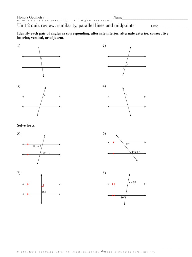 Unit 2 Quiz Review Similarity Parallel Lines and Midpoints | PDF | Space |  Euclid