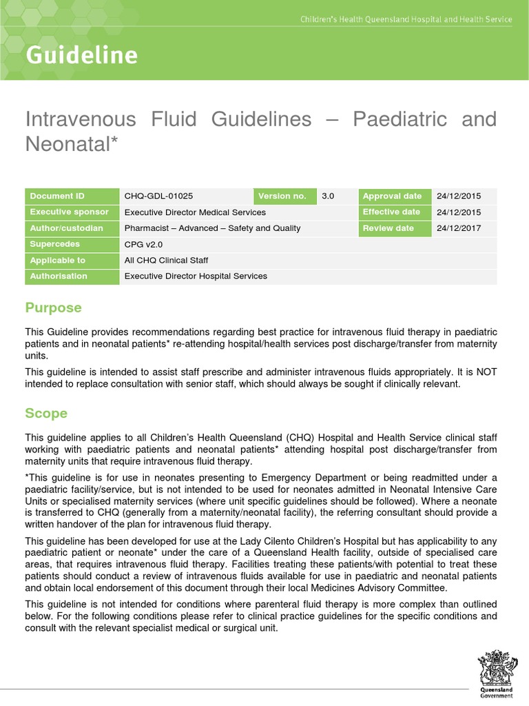 ARCS Paediatric IV Fluid Guidelines Dehydration Intravenous Therapy