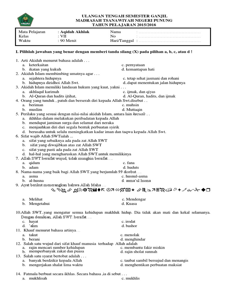 Soal Aqidah Kelas 10 11 12 Semester 1 Beserta Jawabannya - Murid Santuy