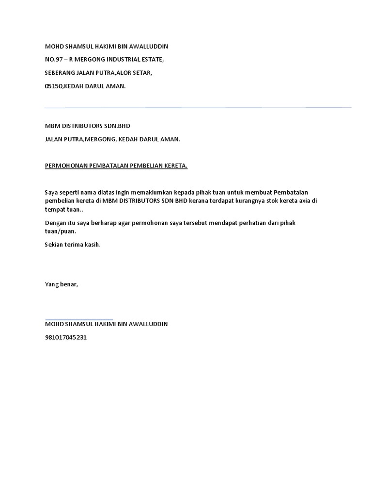 Contoh Surat Batal Pembelian Kereta  PDF