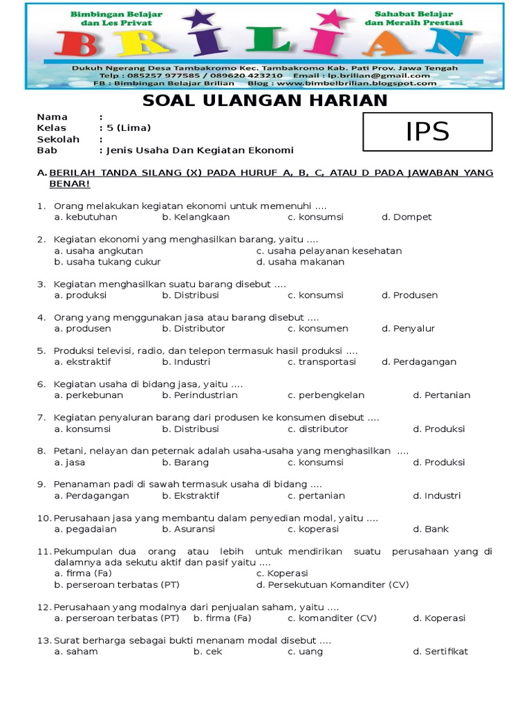 Soal Ips Kelas 5 Sd Bab 5 Jenis Usaha Dan Kegiatan Ekonomi