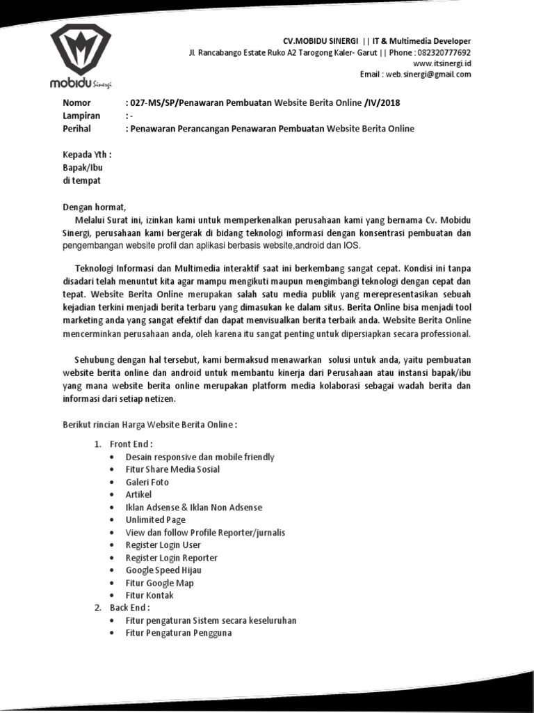 Contoh Proposal Penawaran Pembuatan Aplikasi Android