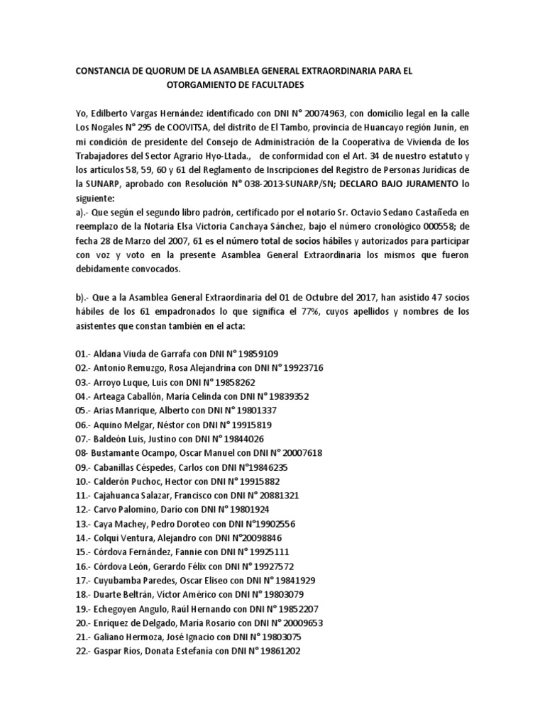 Modelo de Constancia de Quorum de La Asamblea para Asociacion | PDF ...